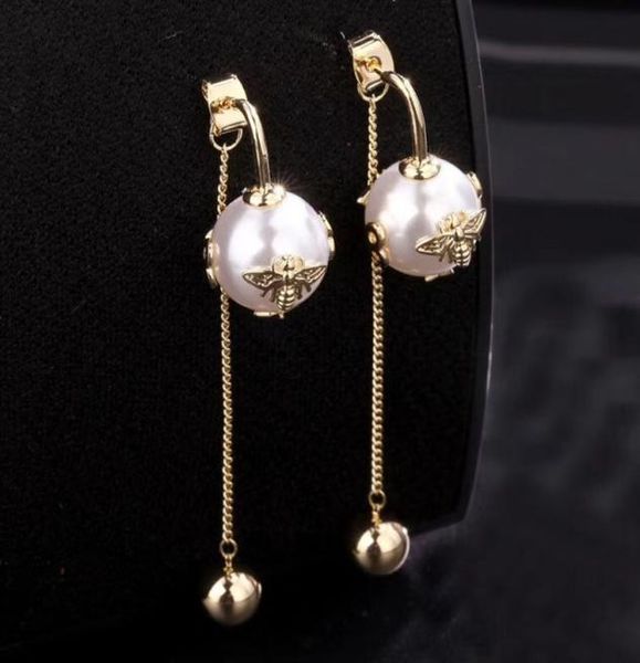 

2021 new designer jewelry s925 silver needle bee pearl earrings long tassel double sided earrings8087980, Golden