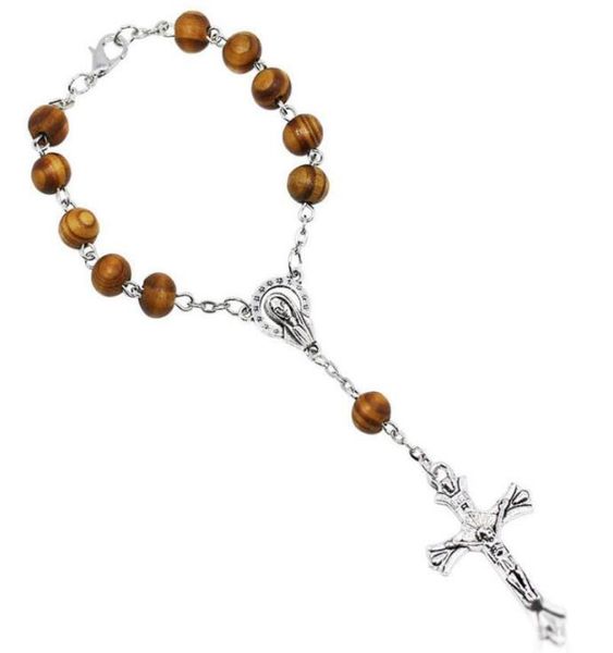 

8mm wooden bead catholic rosary bracelet women religious christianity virgin mary jesus cross crucifix bracelet drop6632465, Golden;silver