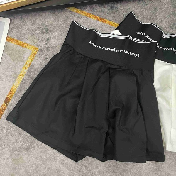 

2023 summer new slim letter elastic versatile king high waist pleated fashion casual wide leg shorts women's aw, White;black