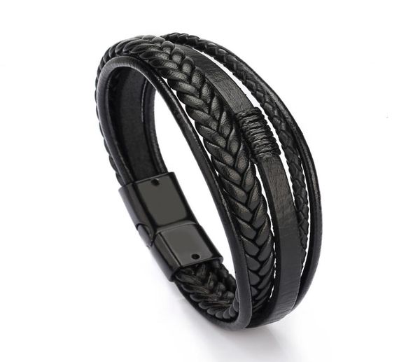 

bracelet men multilayer leather bangles magneticclasp cowhide braided multi layer wrap trendy bracelet armband hombre6571631, Black
