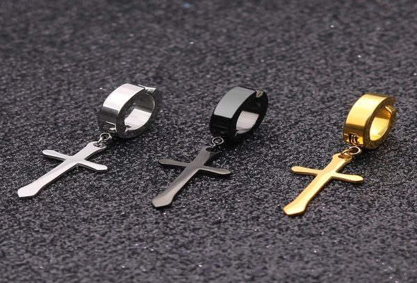 

1 pcs stainless steel clip on non piercing earrings for women men black gold color cross gothic punk rock drop pendiente3928624, Golden