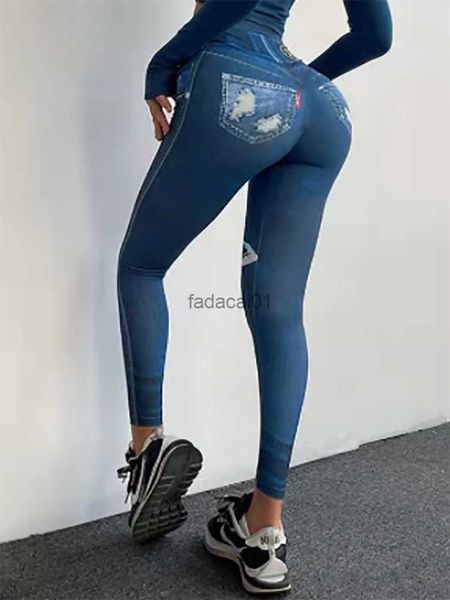 

new imitation jeans women printing yoga pants faux denim jeans sport leggings skinny slim leggins tights fake pocket pant l230621, Black