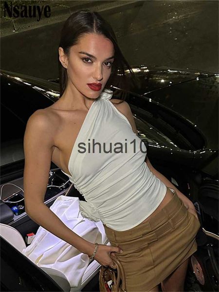 

women's t-shirt nsauye 2023 y2k casusal basic sleeveless t shirt women one shoulder tank summer club fashion female vintage crop j230, White