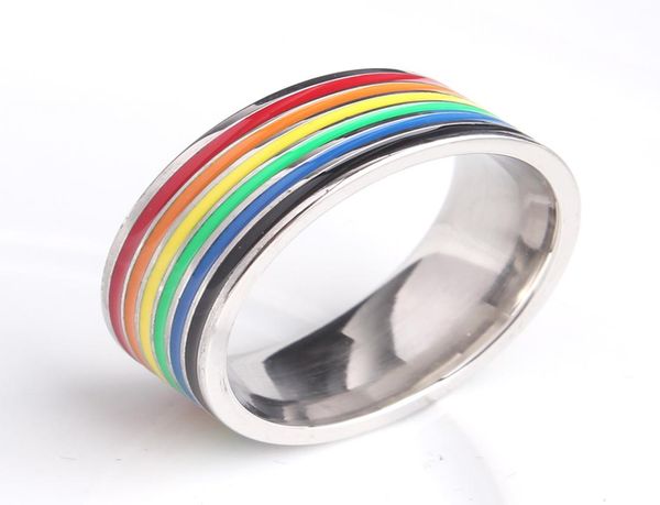 

8mm rainbow ring striped titanium steel gay pride bisexual ring homosexual ring with silicone european american style3899371, Silver