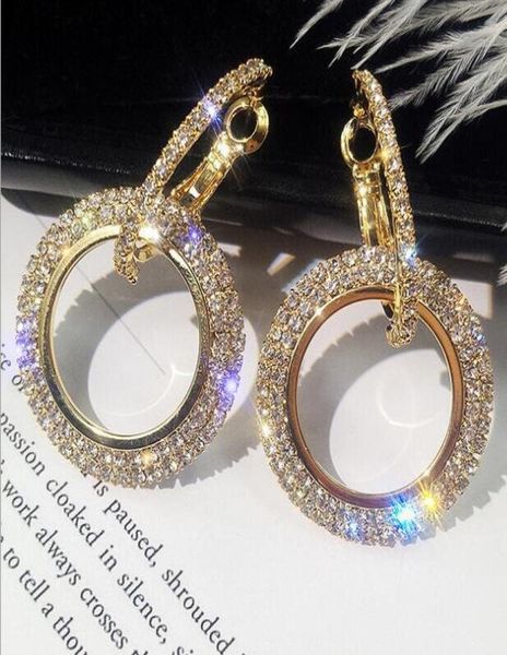 

european exaggerated rhinestone circles dangle anti allergic pierced ear hoop loops earrings for women jewellery fashion jewelry w6079392, Silver