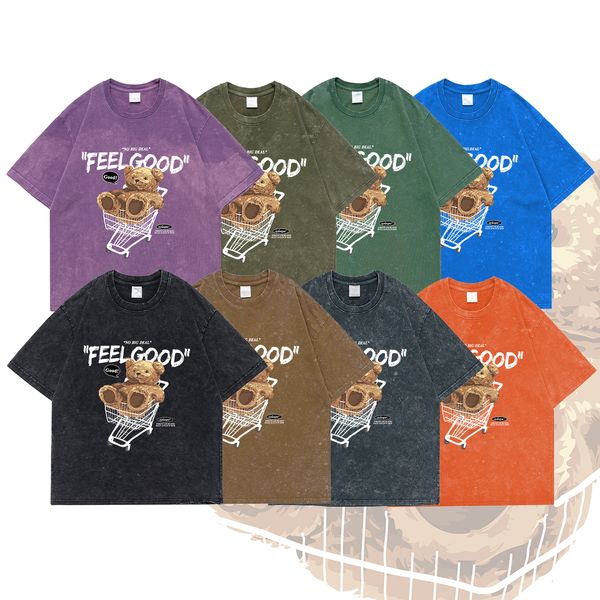 

men's t-shirts extfine bear cart tie dye vintage t-shirt distressed men acid wash retro t shirts oversized male clothing tshirt tee y2, White;black