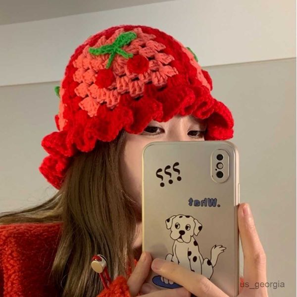 

caps hollow cherry knitted fisherman hats for women handmade red matching basin hat spring summer sun hat r230627, Blue;gray