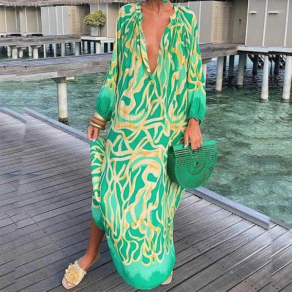 

casual dresses women boho print loose beach elegant retro harajuku v-neck maxi dress long sleeve oversized, Black;gray