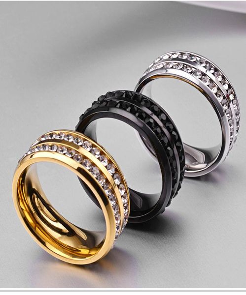 

fashion 316l stainless steel jewelry 3 colors diamond rings two rows rhinestones titanium steel men039s wedding band mens rings9864249, Silver