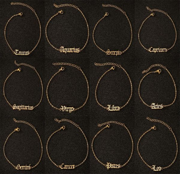 

2020 fashion stainless steel foot chain bracelet anklet 12 zodiac sign old english alphabet charm bracelet for women new design je9708879, Black