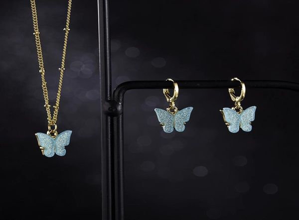 

acrylic butterfly pendant earrings necklace combination set japan south korea sweet clavicle chain choker necklace jewelry set2758355, Silver
