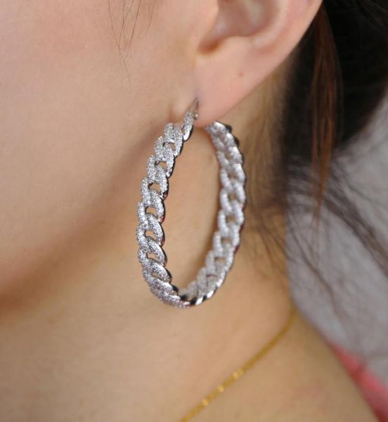 

iced out 48mm big huggie hoop earring with clear cz paved cuban chain earring gorgeous bling cz 2020 summer women jewelry3051150, Golden;silver