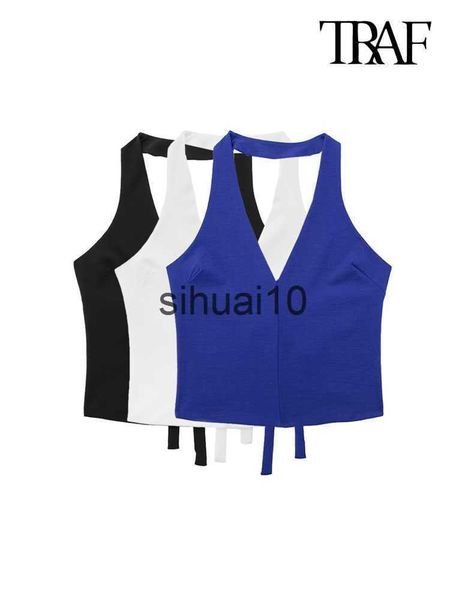 

women's t-shirt traf women fashion with tied halter tank backless v neck female camis mujer j230627, White