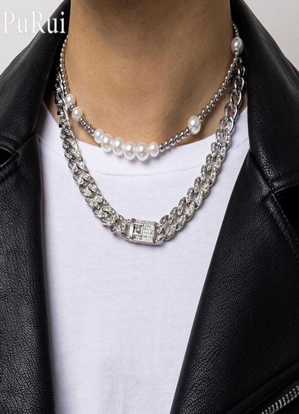 

pendant necklaces luxury iced out rhinestone miami cuban chain necklace 2pcsset cz bling rapper pearl choker set for men punk jew3402013, Silver