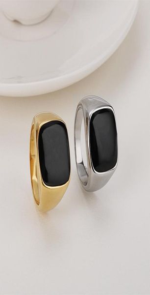 

punk black onyx stone rings stainless steel gold flat black stone signet ring men never fade rock fashion8166254, Golden;silver