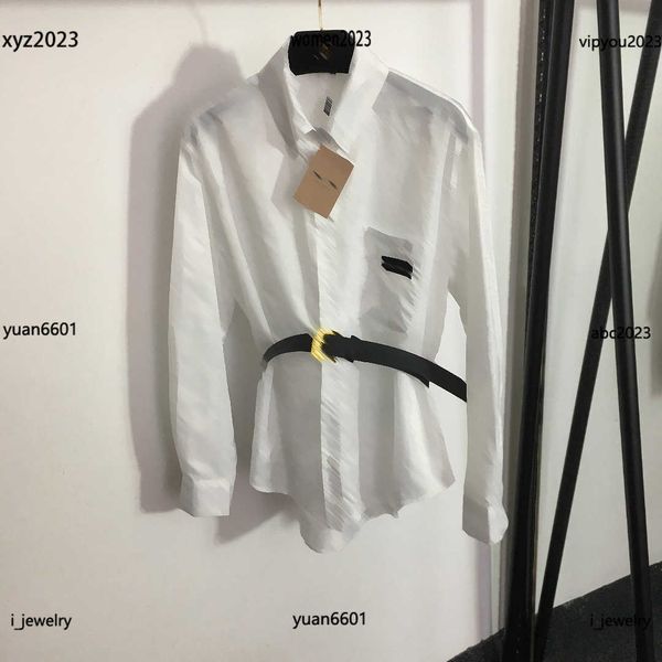 

womens designer clothing logo letter dark stripe lady blouse size s-xl 2pcs lapel shirt and metal buckle waistband, White