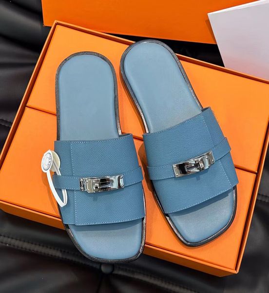 

summer luxury men's calfskin leather sandals shoes slip on palladium-plated kelly buckle slide flats leather beach casual walking boy&#, Black