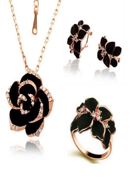 

bridesmaid jewelry set for wedding enamel mountain camellia rose gold rose flower chains necklace earring for women rings party je5006788, Silver