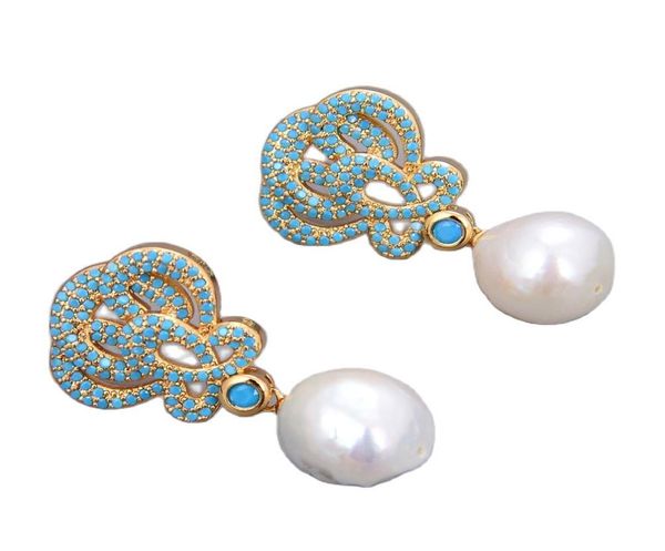 

guaiguai jewelry natural keshi edison white pearl gold plated turquoise blue cz drop earrings handmade for women real gems stone l5801591, Silver