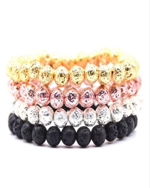 

fashion silver gold color 8mm lava stone bracelet round electroplated volcanic rock spacer beads bracelet for women men jewelry8510245, Black