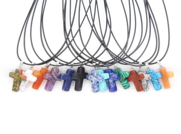 

fashion opal turquoise natural stone druzy cross necklaces jewelry with leather chain necklace5841859, Silver