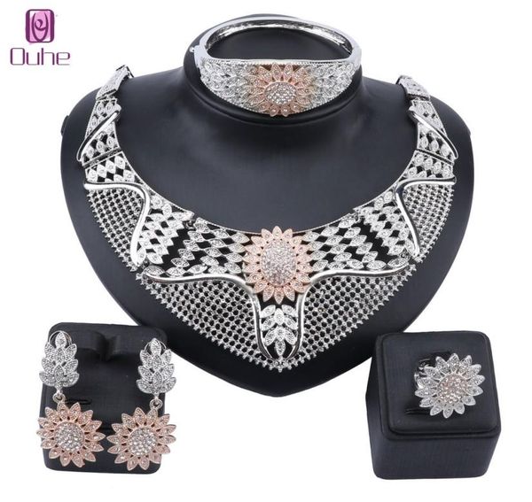 

fashion crystal stone wedding jewelry sets for brides gold color necklace earring set for women african jewelry set2241583, Slivery;golden