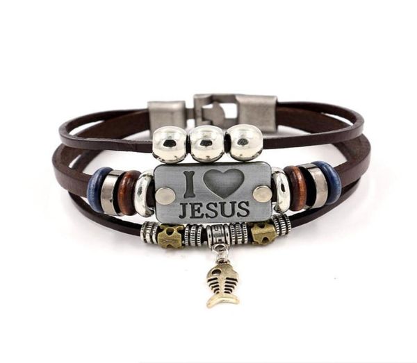 

i love jesus charm bracelets vintage fish pendant christian multilayer leather bracelets for men women bangle kka19058538907, Golden;silver
