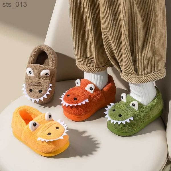 

non-slip children home slippers baby warm cotton indoor shoes 2022 winter cartoon dinosaur kids slippers boys girls flops soft l230518, Black;grey