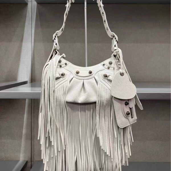 

h bag design leather balenicass biker bag 22 summer new net red same fashion motorcycle rivet sweet cool irregular tassel dark one shoulder