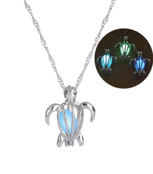 

3 colors luminous glow in the dark turtle necklaces women hollow animal tortoise cage pendant silver color choker for fashion jewe3935958