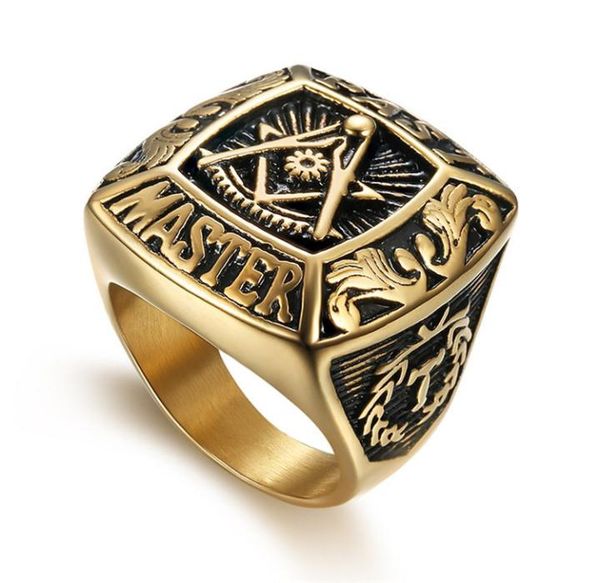 

fashion unique style gold past master symbol masonic ring for men 316 stainless steel mason masonary signet 1754953, Golden;silver