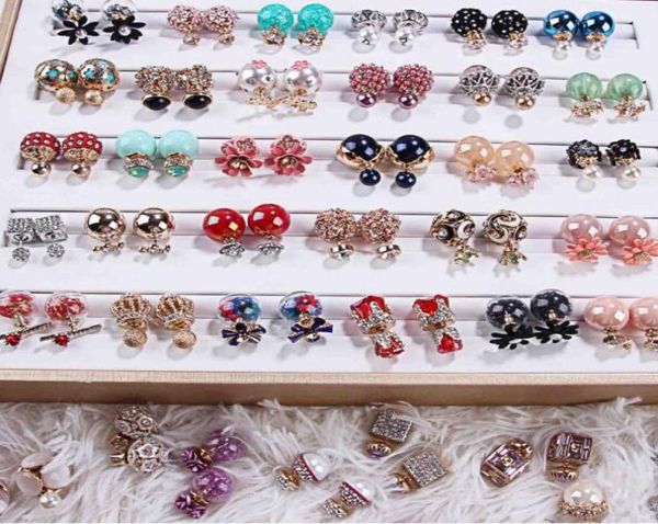 

random mix 15 style 15pairslot delicate crystal pearl double sided earrings opal gemstone screw earrings fit girl madam5327091, Golden;silver