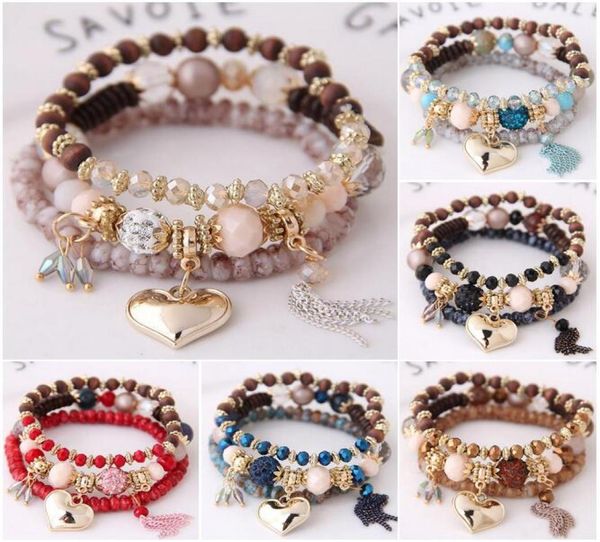 

3pcsset multilayer stretch stackable heart tassel bracelets bohemian beaded bracelet for women jewelry 6 colors5848113, Golden;silver