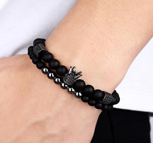 

charm bracelets 8mm black matte onyx stone beads bracelet 2pcsset mens jewellery crown for women fashion armband cuff aarrival5635692, Golden;silver