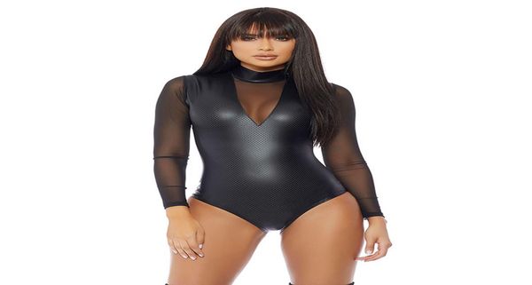 

wetlook bodysuit mesh long sleeve high neck leather catsuit lingerie club transparent black faux vinyl body suits for women s6482053, Red;black