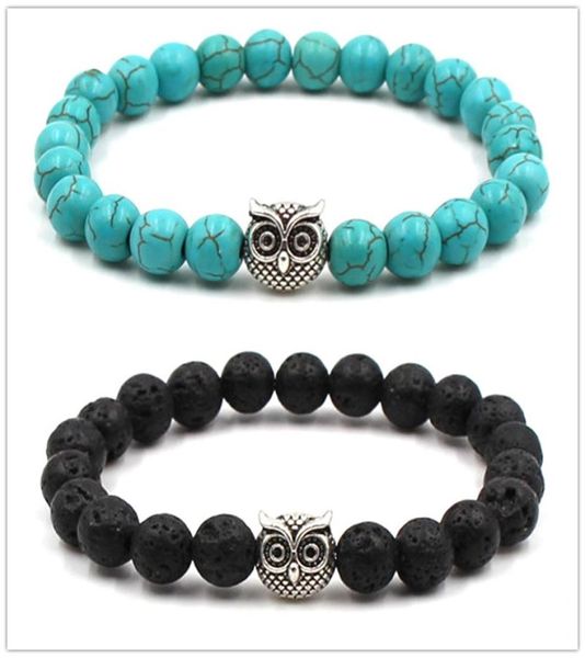 

natural black lava stone turquoise owl charm bracelet vaolcano stone aromatherapy essential oil diffuser bracelet for women yoga j7446609, Golden;silver
