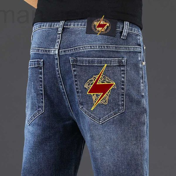 

men's jeans designer european station men's medusa embroidered jeans 2021 winter thickened new elastic slim fit small leg straight, Blue