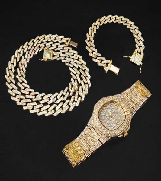 

necklace watch bracelet bling iced out miami zircon cuban link chain prong pave rhinestone jewelry for mens women set earrings 2319544, Silver