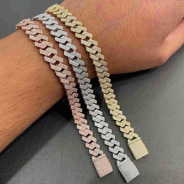 

hip hop men jewelry 10mm miami cuban bracelets 5ct vvs 3 rows moissanites iced out cuban chain link bracelet, Silver