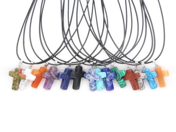 

fashion opal turquoise natural stone druzy cross necklaces jewelry with leather chain necklace8511465, Silver