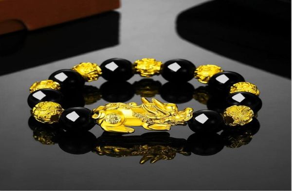 

gold plated buddha beads bracelet lucky money feng shui pixiu mani mantra black obsidian wealth bracelets6741368, Golden;silver