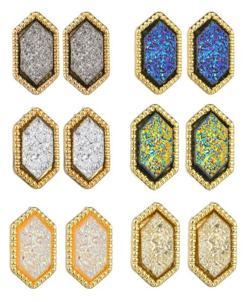 

women hexagon druzy drusy stud earrings golden plated mini gold purple resin studs earring christmas gift1038135, Golden;silver