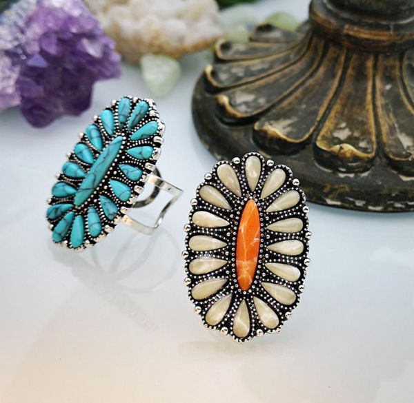 

cluster colorful white turquoise exaggerated ring 925 silver plated d6if1371075, Golden;silver
