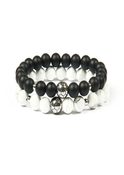 

stainless steel soccer bracelets whole 10pcslot 8mm matte agate marble howlite stone beads with football bracelet 5081109, Golden;silver