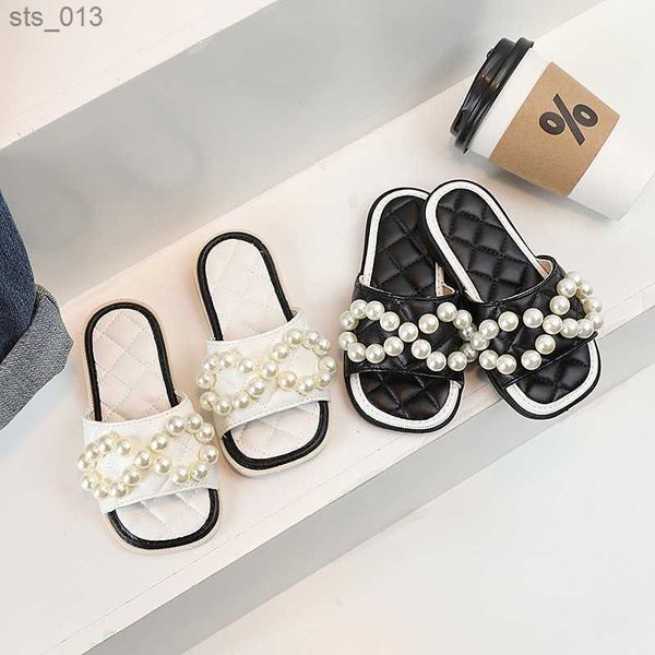 

children summer slippers beading pearl sewing patchwork girl' sliders black white elegant square toe 23-32 stylish kids shoes l230518, Black;grey