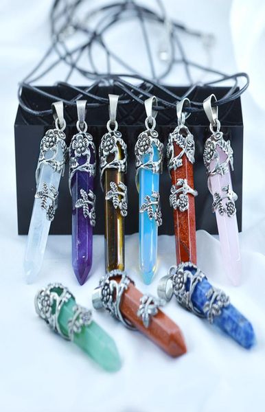 

flower charm natural stone hexagon prism pendant necklace amethyst opal quartz crystal healing necklaces fashion jewelry for women9288287, Silver