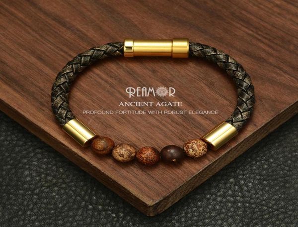 

reamor 2019 men black braided leather bracelets natural stone bracelet gold 316l stainless steel embedded clasp bangle jewelry cx25296763, Golden;silver