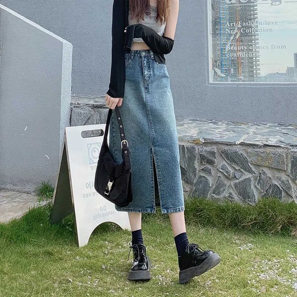 

women's jeans front slit skirt women summer new high-waisted a-line mid-length cross-waisted hip skirt, Blue