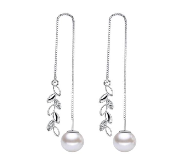 

whole fashion studs leaf zircon pearls kpop 925 sterling silver tassel pendant drop long ear line earrings for women ys1513239519, Golden;silver