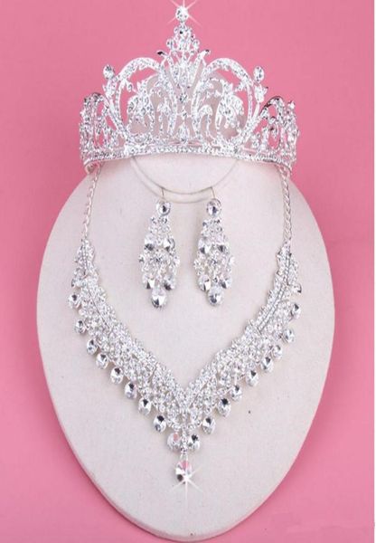 

2019 new pierced earrings necklace crown threepiece rhinestone wedding jewelry set crown headwear tiaras women banquet bridal acc8998979, White